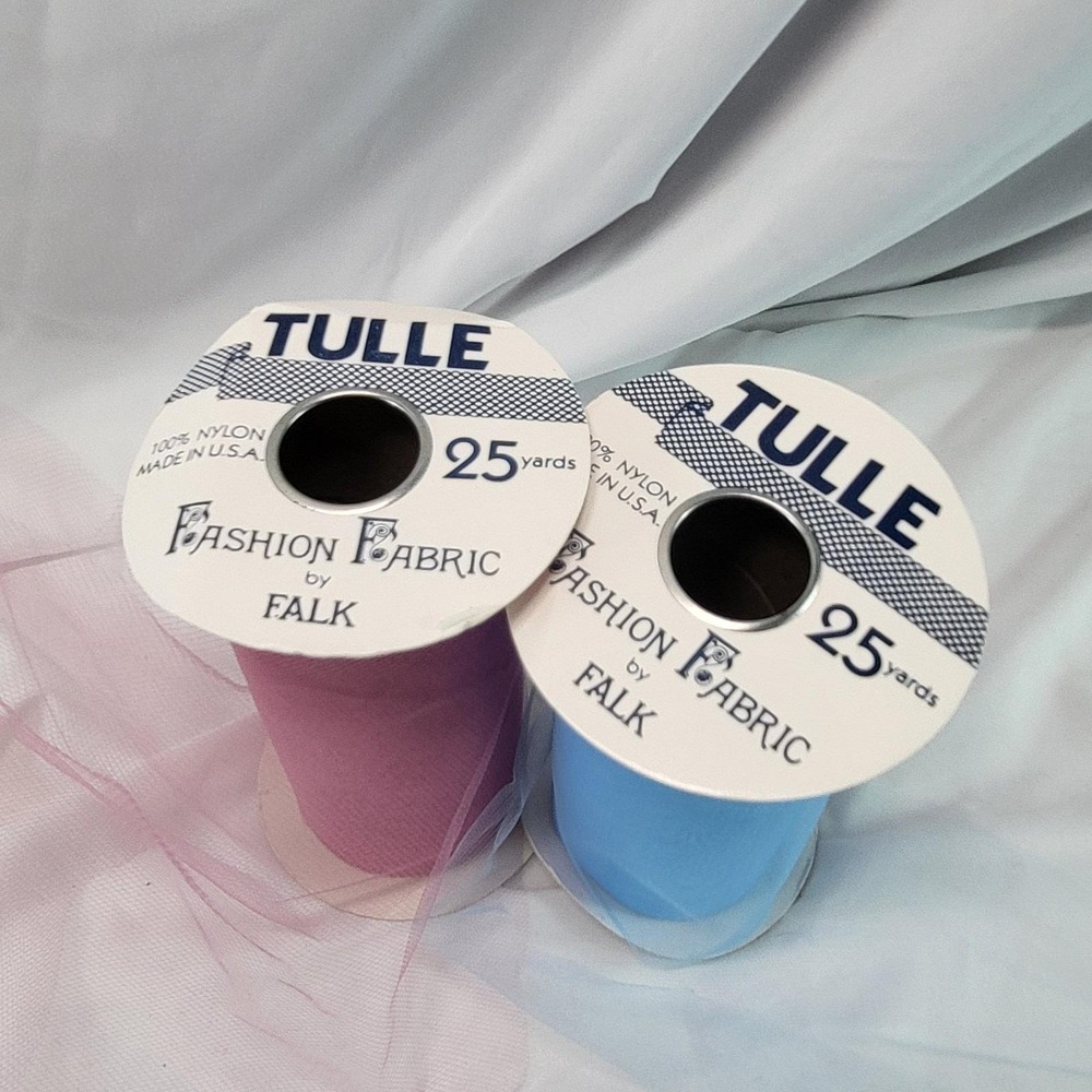 Lot of 2 VTG Falk Fabric Tulle Spools Decoration Crafting Burgundy Red Baby Blue